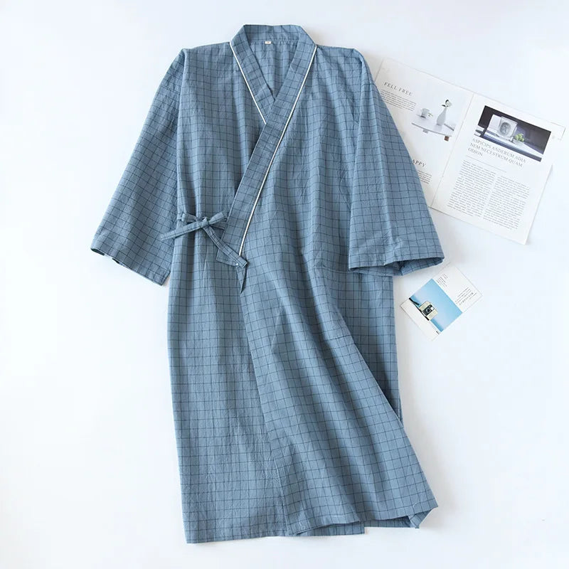 Peignoir homme coton carreaux gris bleuté