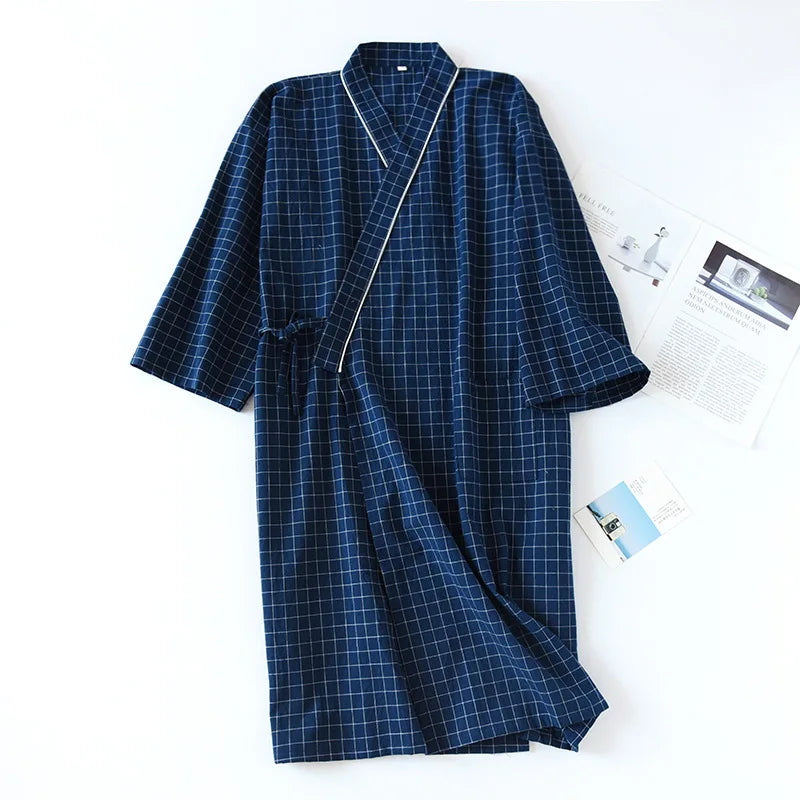 Peignoir homme coton carreaux bleus