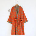 Peignoir femme coton fleuri orange et kaki