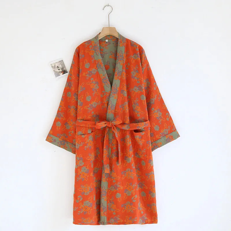 Peignoir femme coton fleuri orange et kaki