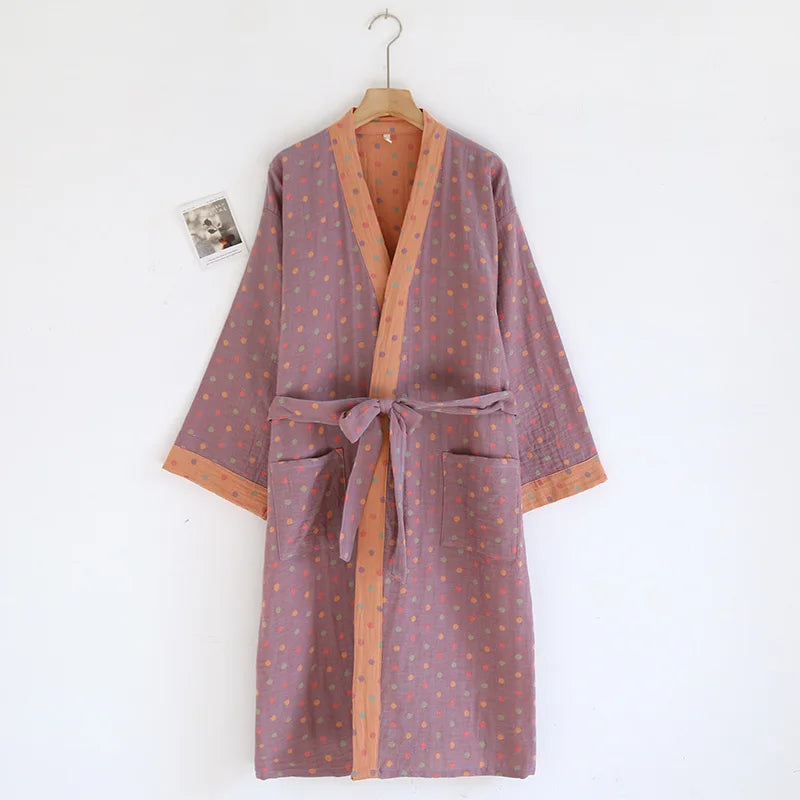 Peignoir femme coton à pois lila et ocre