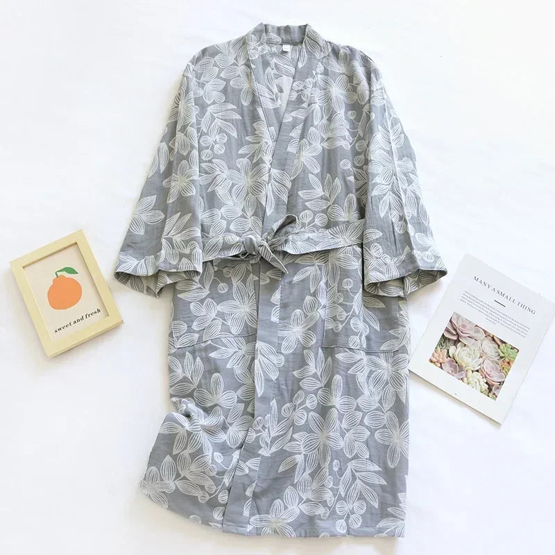 Peignoir femme coton floral gris