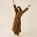 Robe de chambre femme polaire rayée vert olive et prune