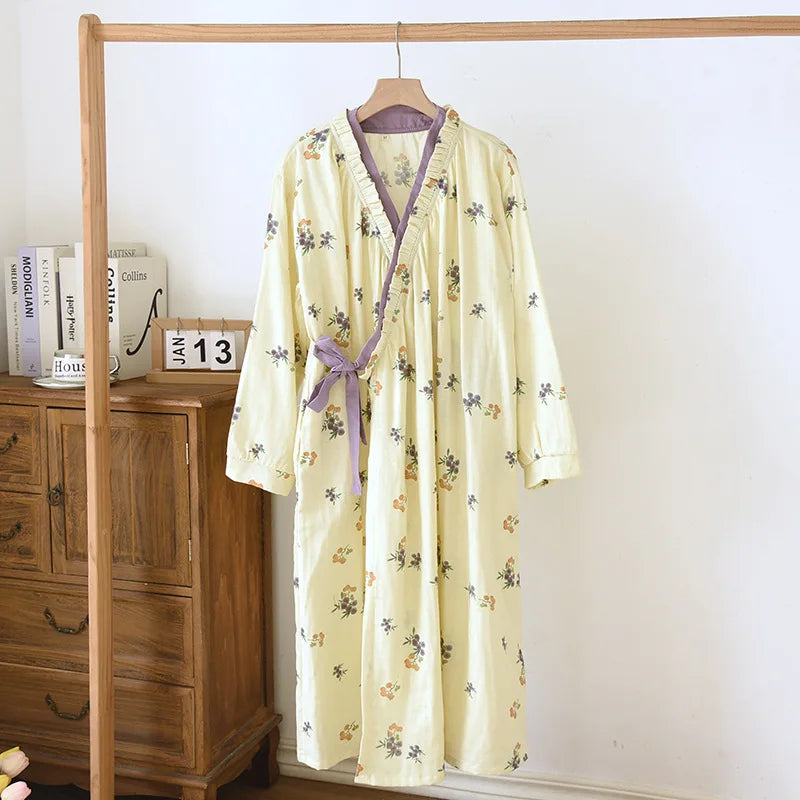 Robe de Chambre Femme | Coton Fleuri Jaune