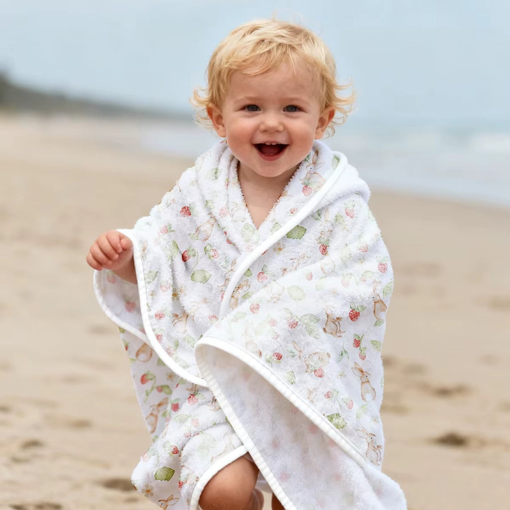 Cape de bain bébé lapins et fleurs