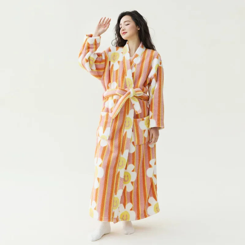 Robe de chambre femme polaire chaude | peignoir long cocooning orange pastel