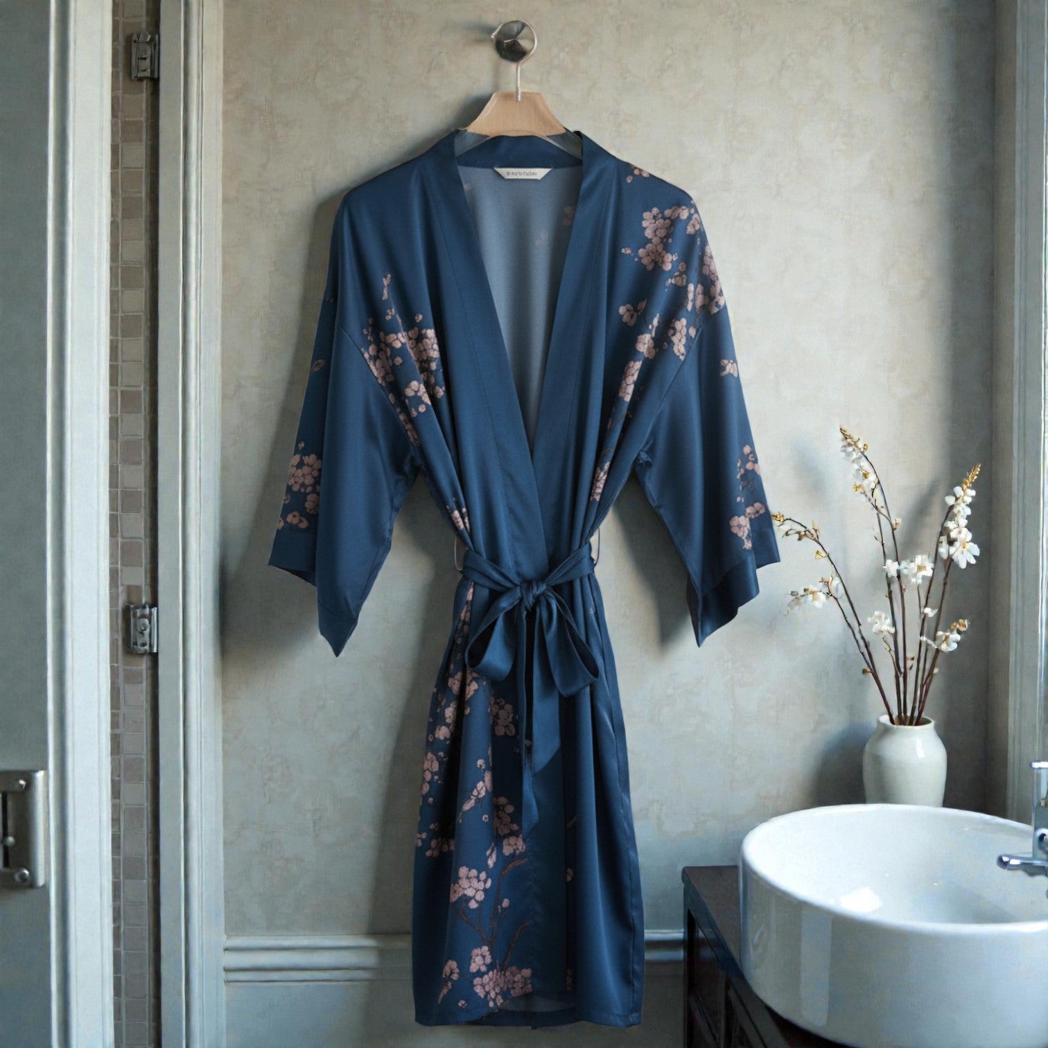 Peignoir femme satin bleu flora