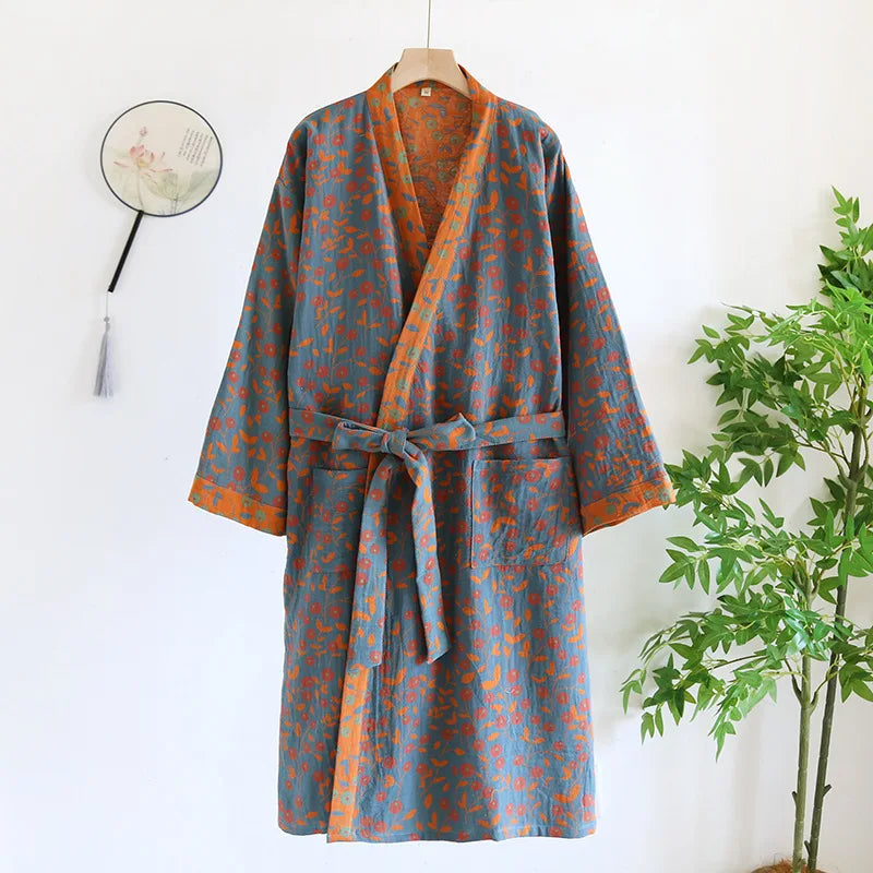 Peignoir femme coton bleu à motifs