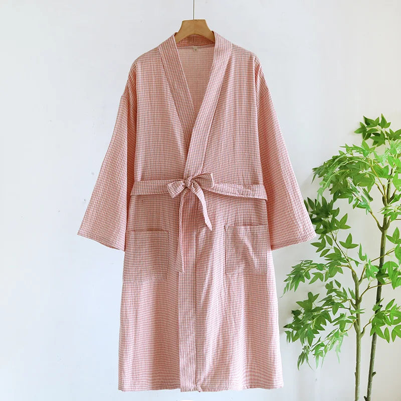 Peignoir femme coton  à carreaux rose