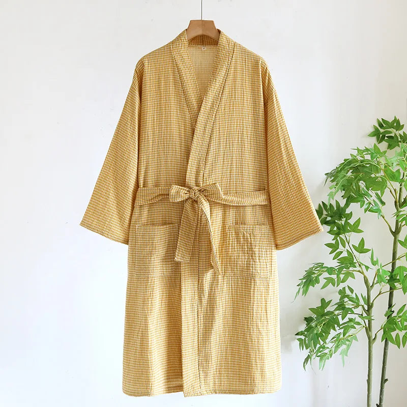 Peignoir femme coton à carreaux jaune