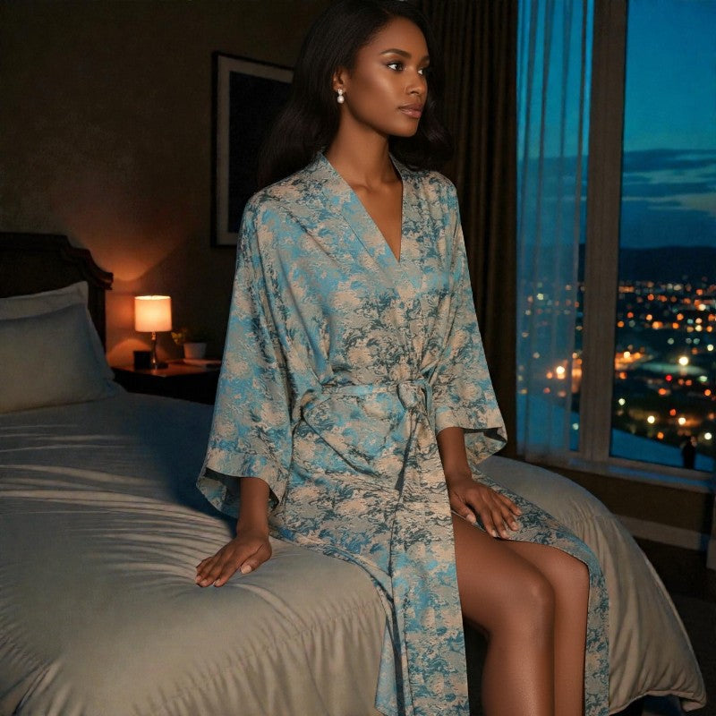 Peignoir femme satin jacquard bleu