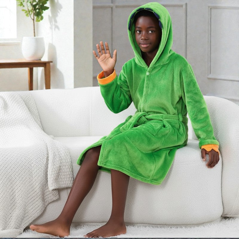 Peignoir enfant polaire à capuche dinosaure vert