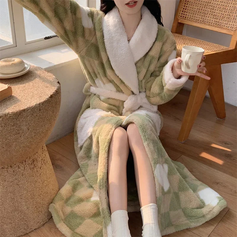 Peignoir femme polaire vert à motifs