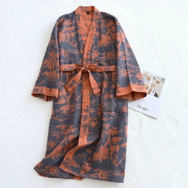 Peignoir femme coton bleu et terracotta