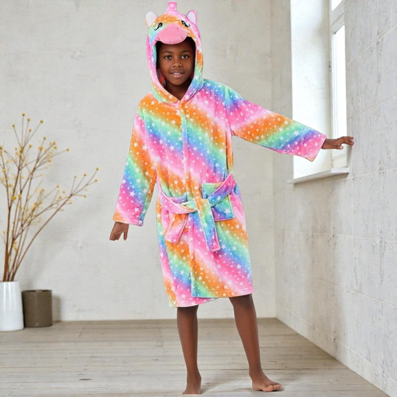 Peignoir enfant polaire à capuche licorne arc-en-ciel