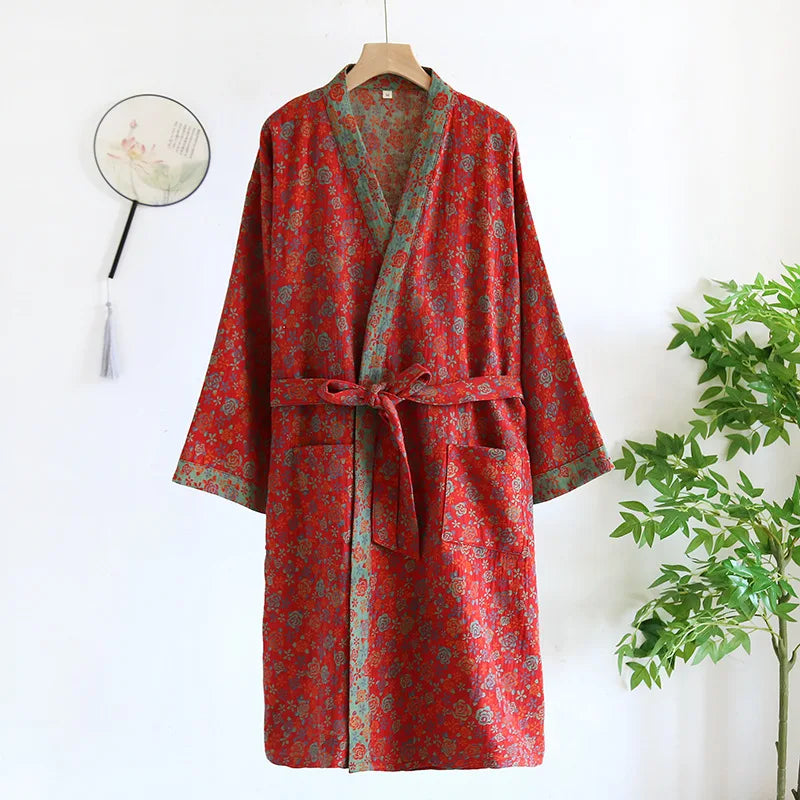 Peignoir femme coton rouge à motifs floraux