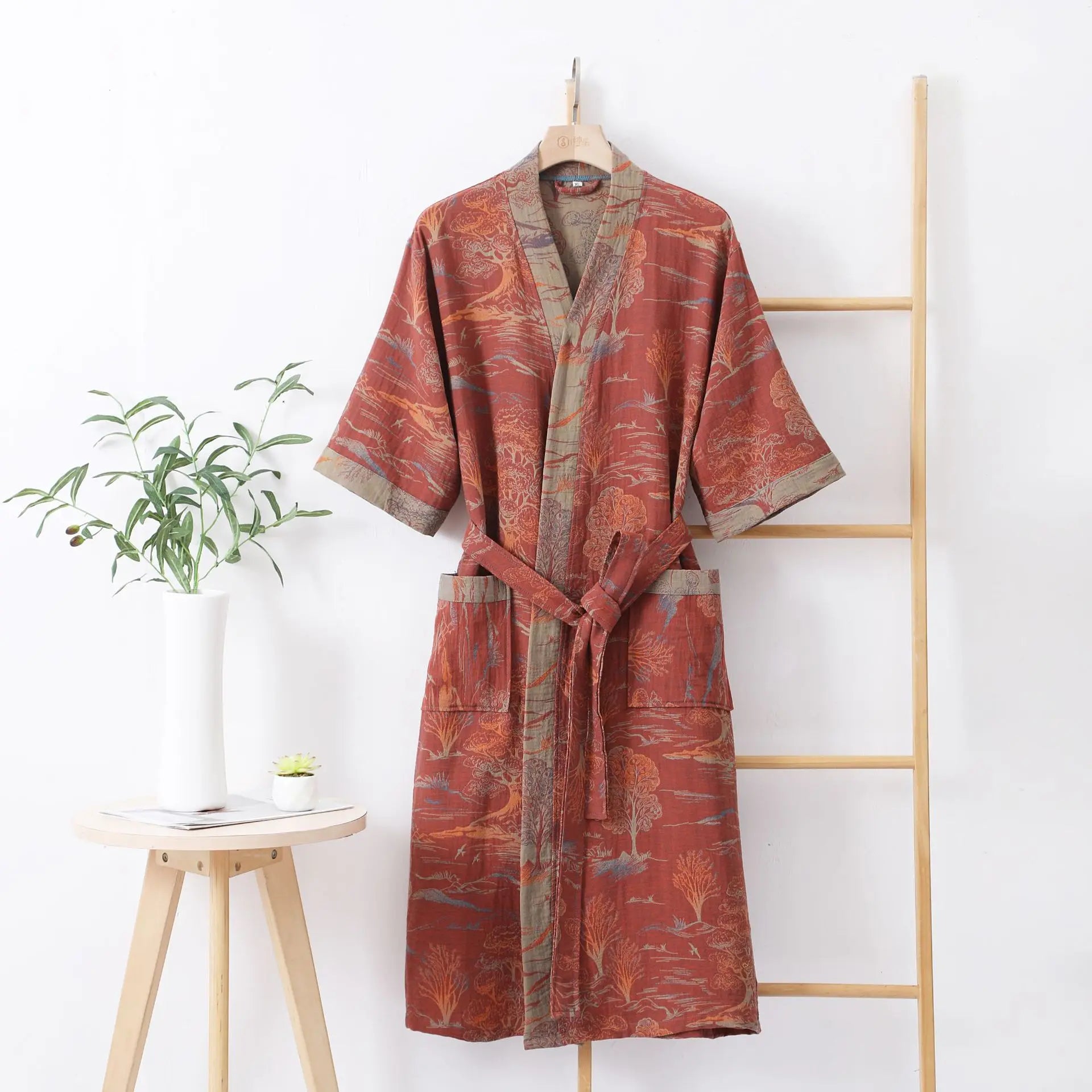 Peignoir Léger en Coton Terracotta à Motifs Japonais