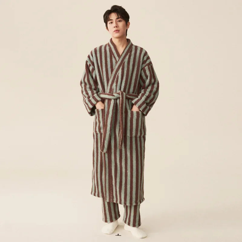 Peignoir homme polaire rayé marron et vert