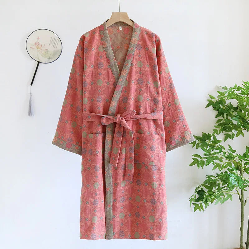 Peignoir femme coton rose à motifs