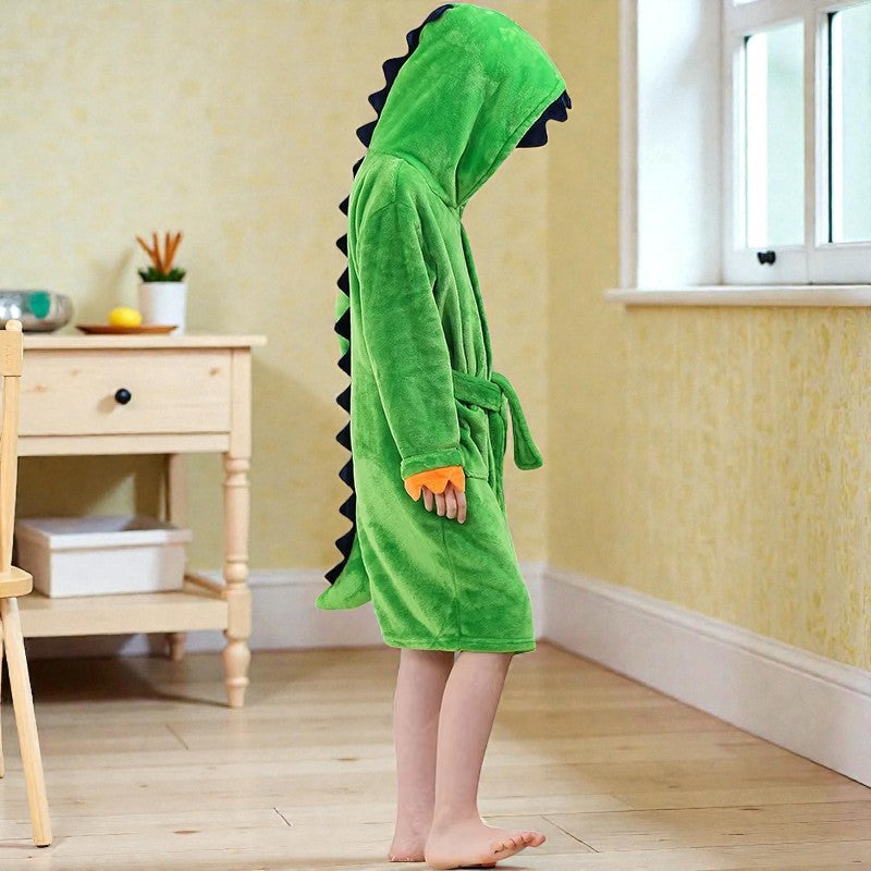 Peignoir enfant polaire à capuche dinosaure vert