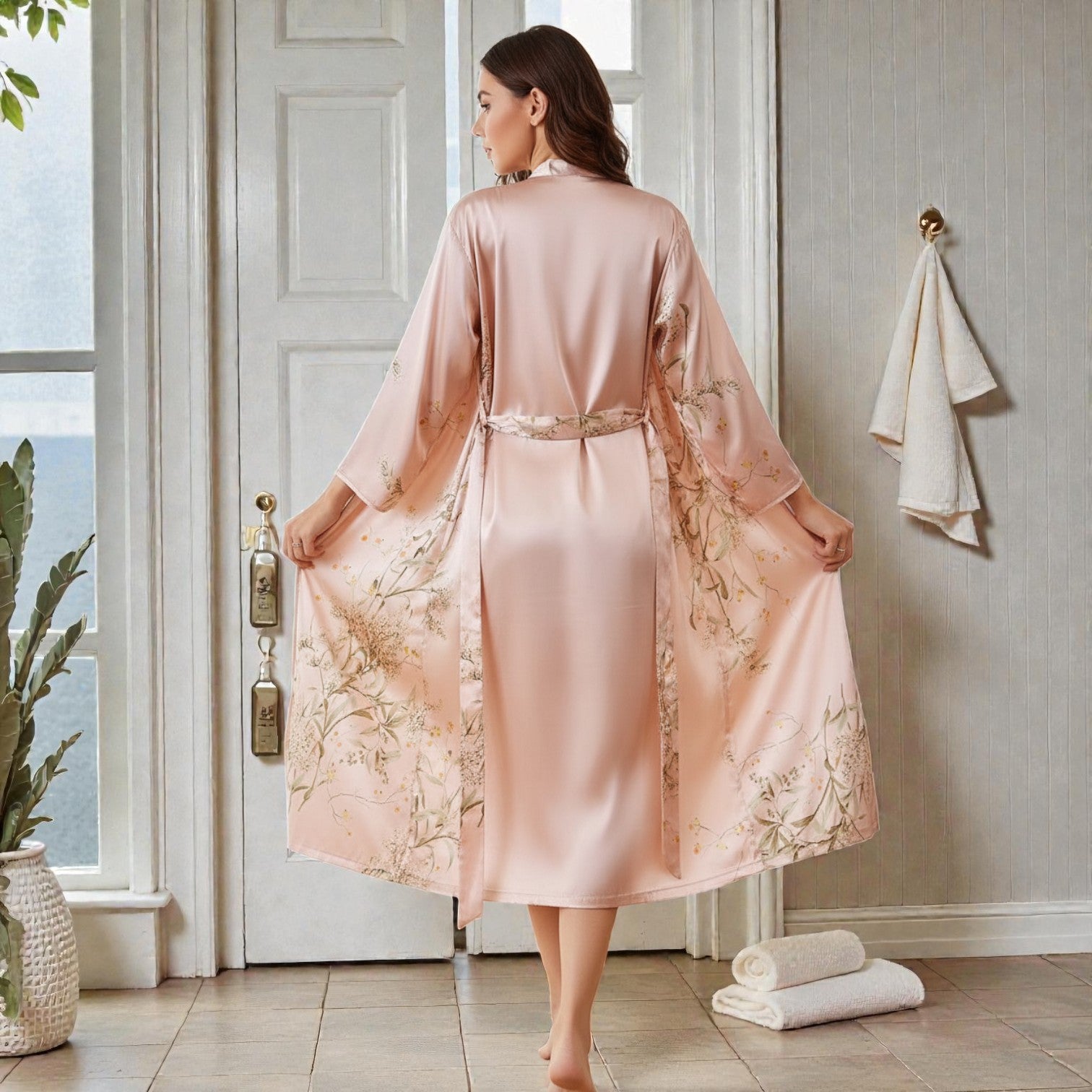 Peignoir femme satin champagne floral