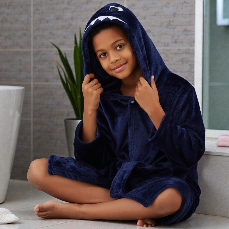 Peignoir enfant polaire à capuche dinosaure bleu