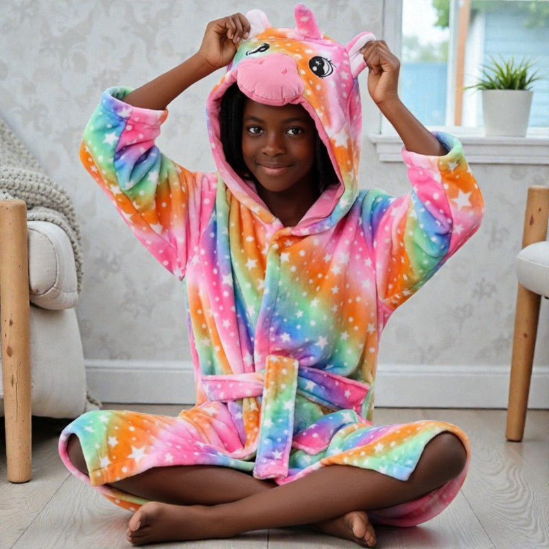 Peignoir enfant polaire à capuche licorne arc-en-ciel