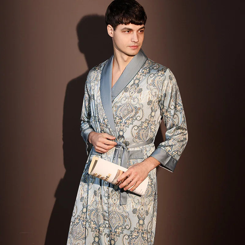 Peignoir Homme Satin Bleu Motifs | Cachemire