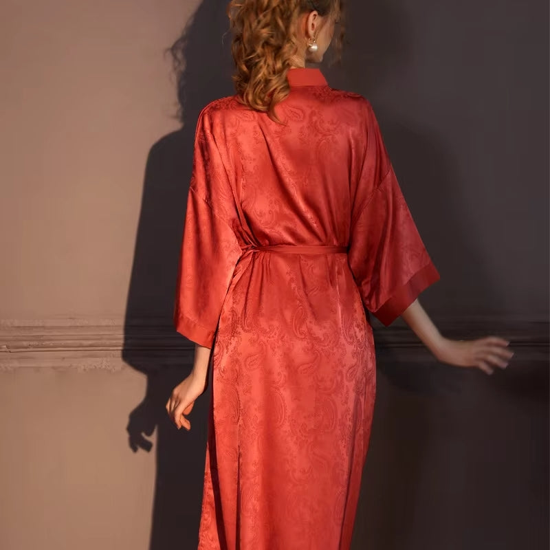 Peignoir femme satin jacquard rouge