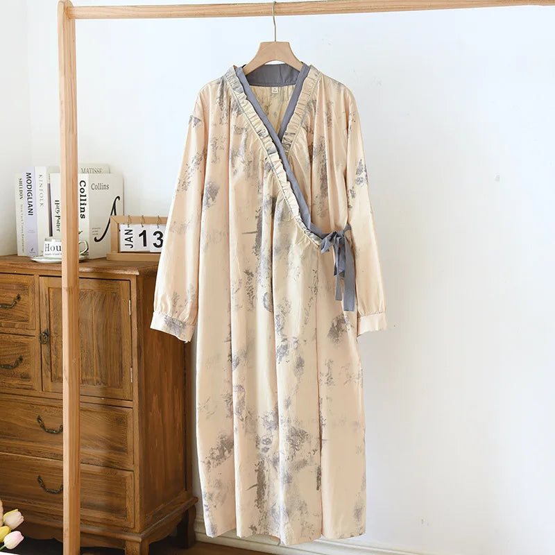Robe de Chambre Femme | Coton Beige Fleuri