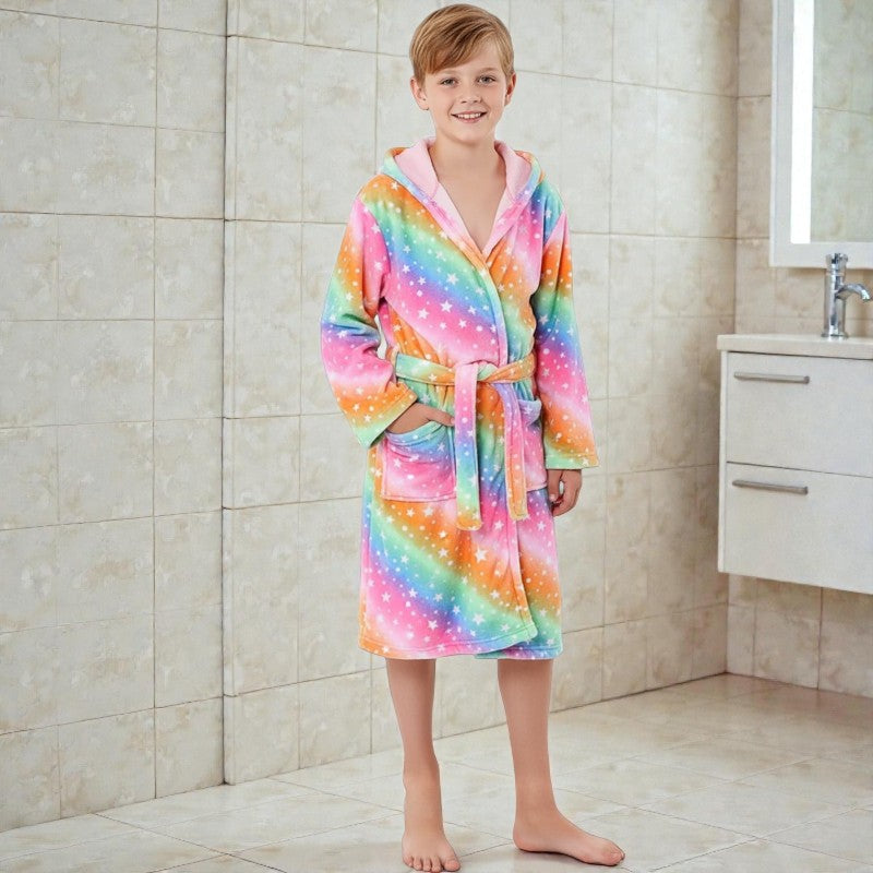 Peignoir enfant polaire à capuche licorne arc-en-ciel