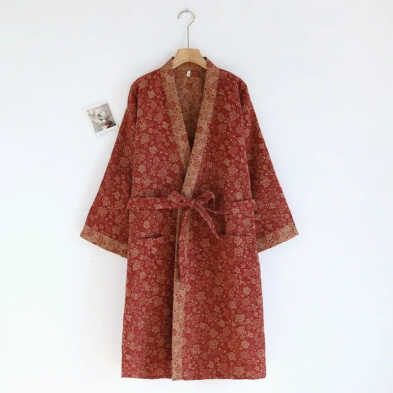 Peignoir femme coton rouge floral
