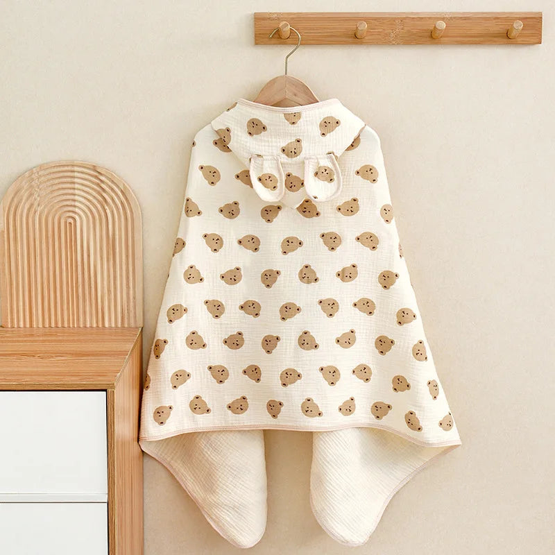 Cape de bain bébé en coton gaze ours