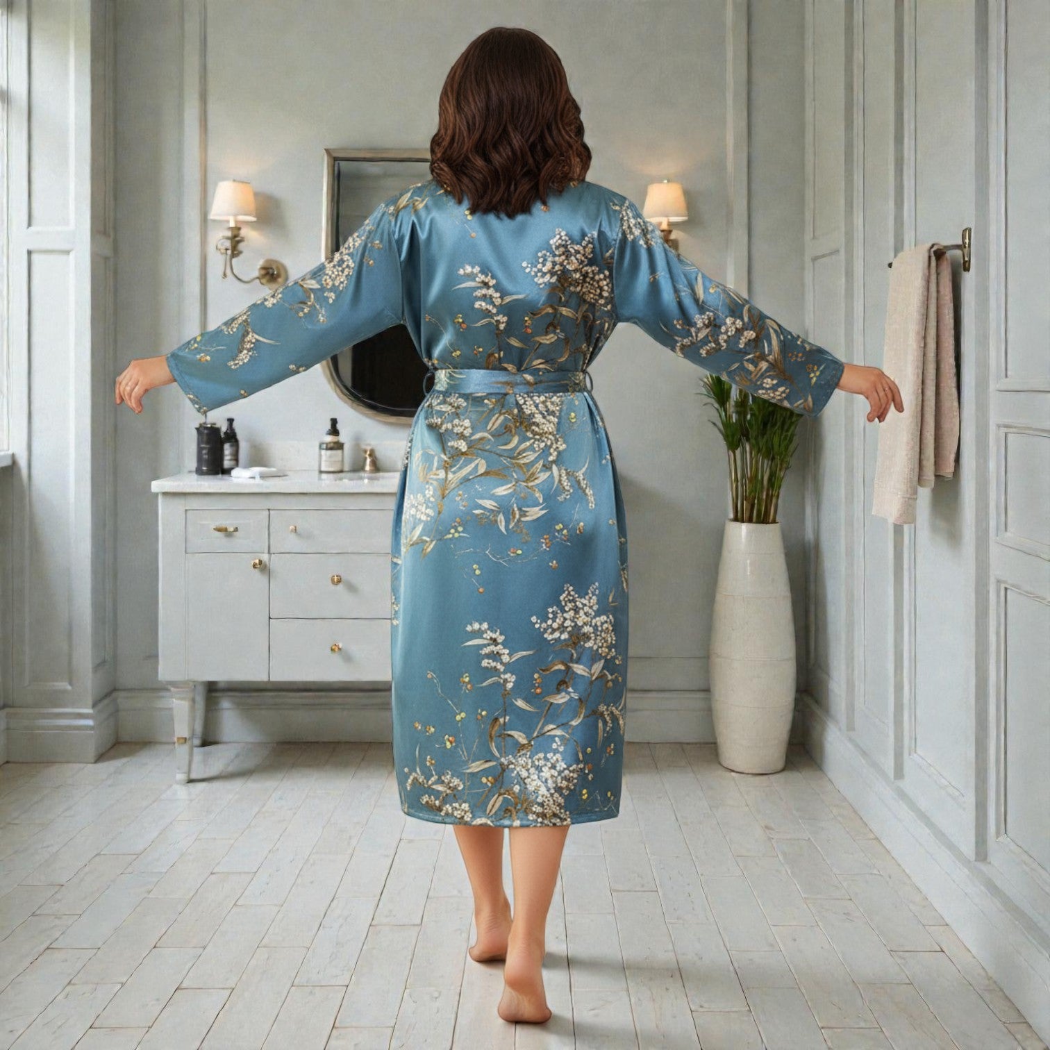 Peignoir femme satin fleuri bleu canard