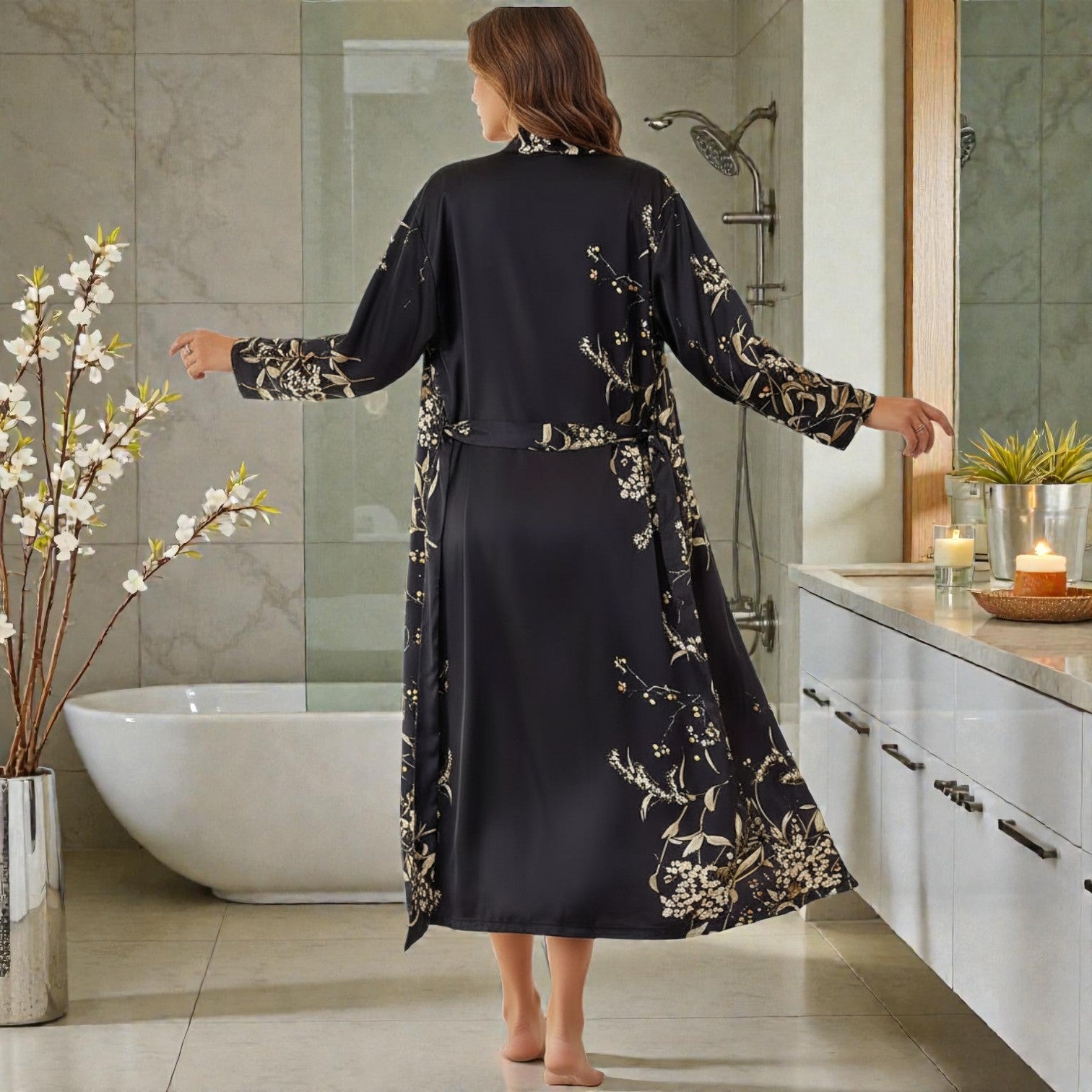 Peignoir femme satin noir floral