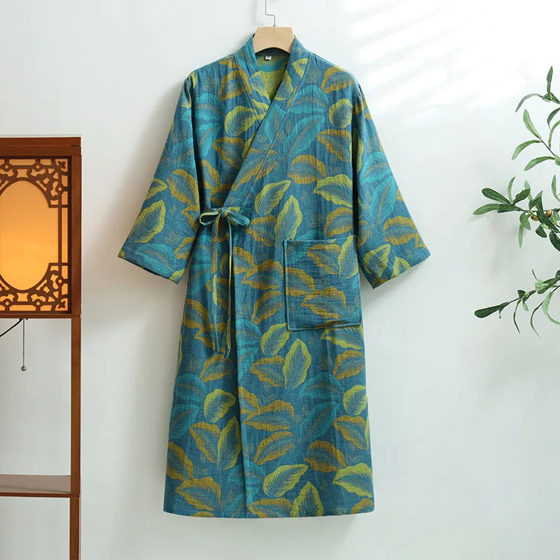 Peignoir femme coton bleu et vert