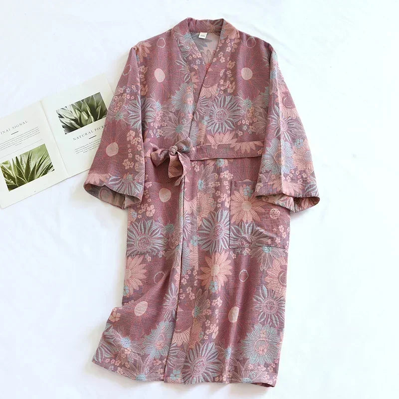 Peignoir femme coton floral rose