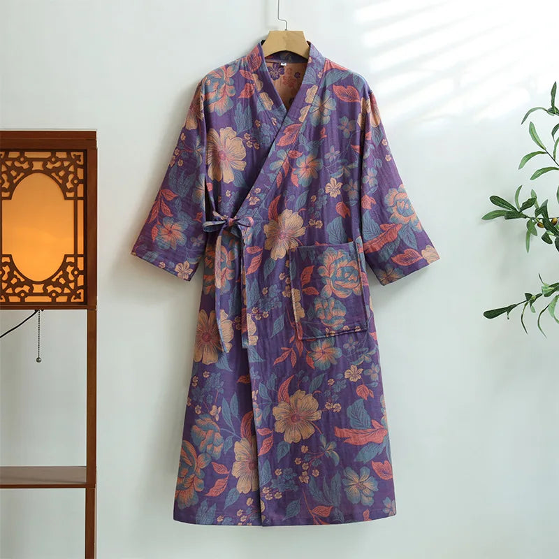 Peignoir femme coton floral violet