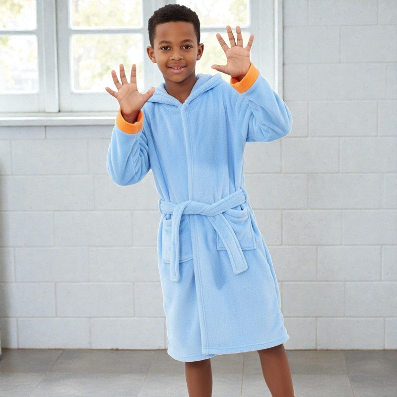 Peignoir enfant polaire à capuche dinosaure bleu