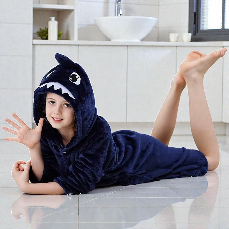 Peignoir enfant polaire à capuche dinosaure bleu