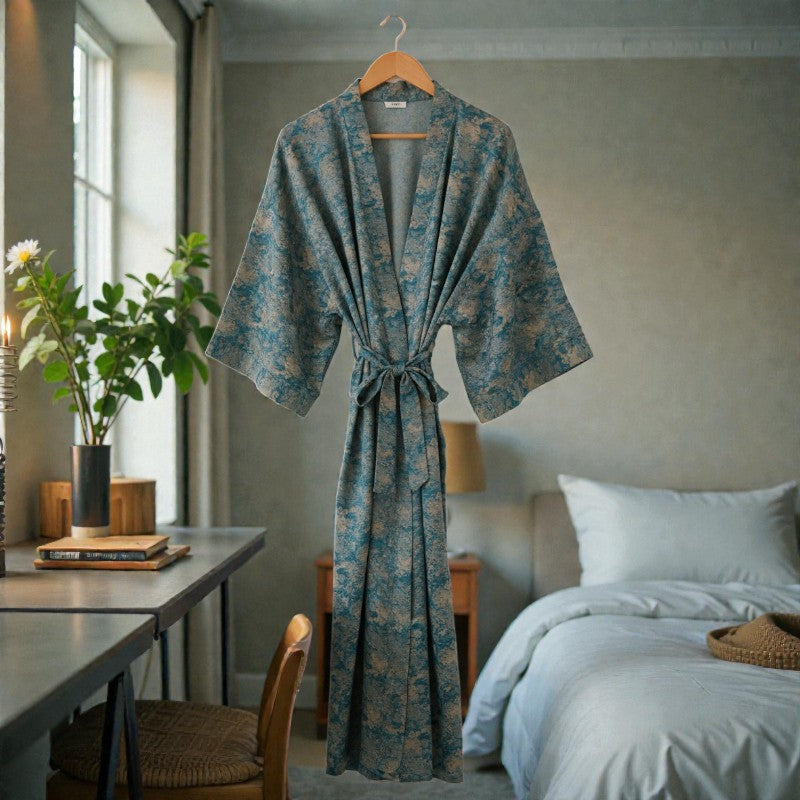 Peignoir femme satin jacquard bleu