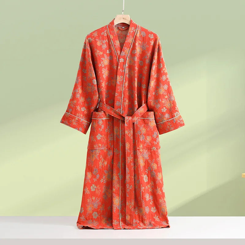 Peignoir femme coton floral rouge