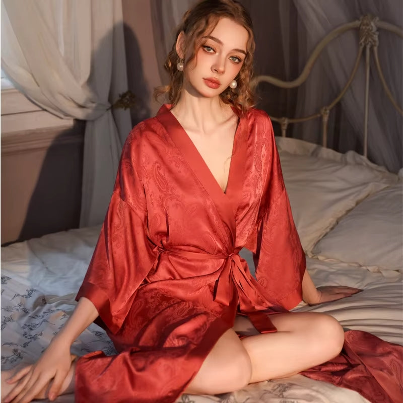 Peignoir femme satin jacquard rouge