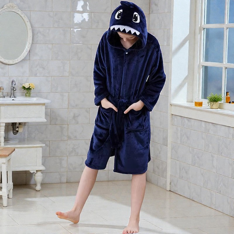 Peignoir enfant polaire à capuche dinosaure bleu