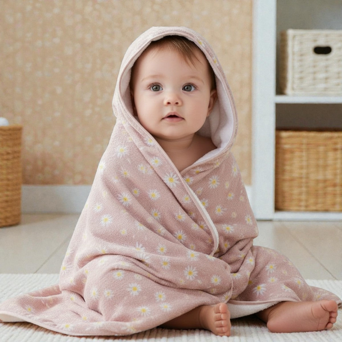 Cape de bain bébé fleurie rose