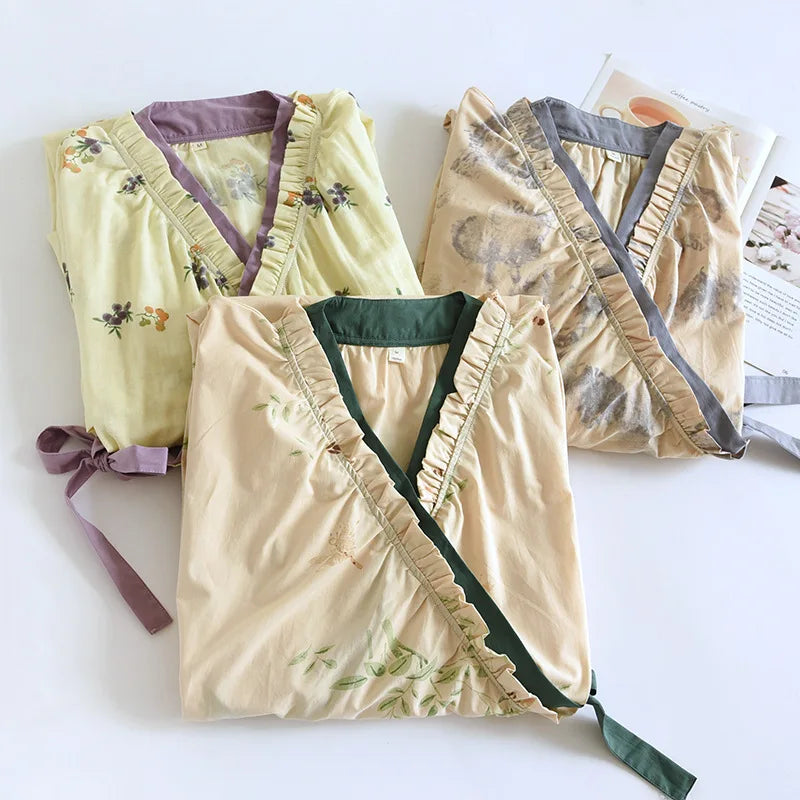 Robe de Chambre Femme | Coton Fleuri Jaune