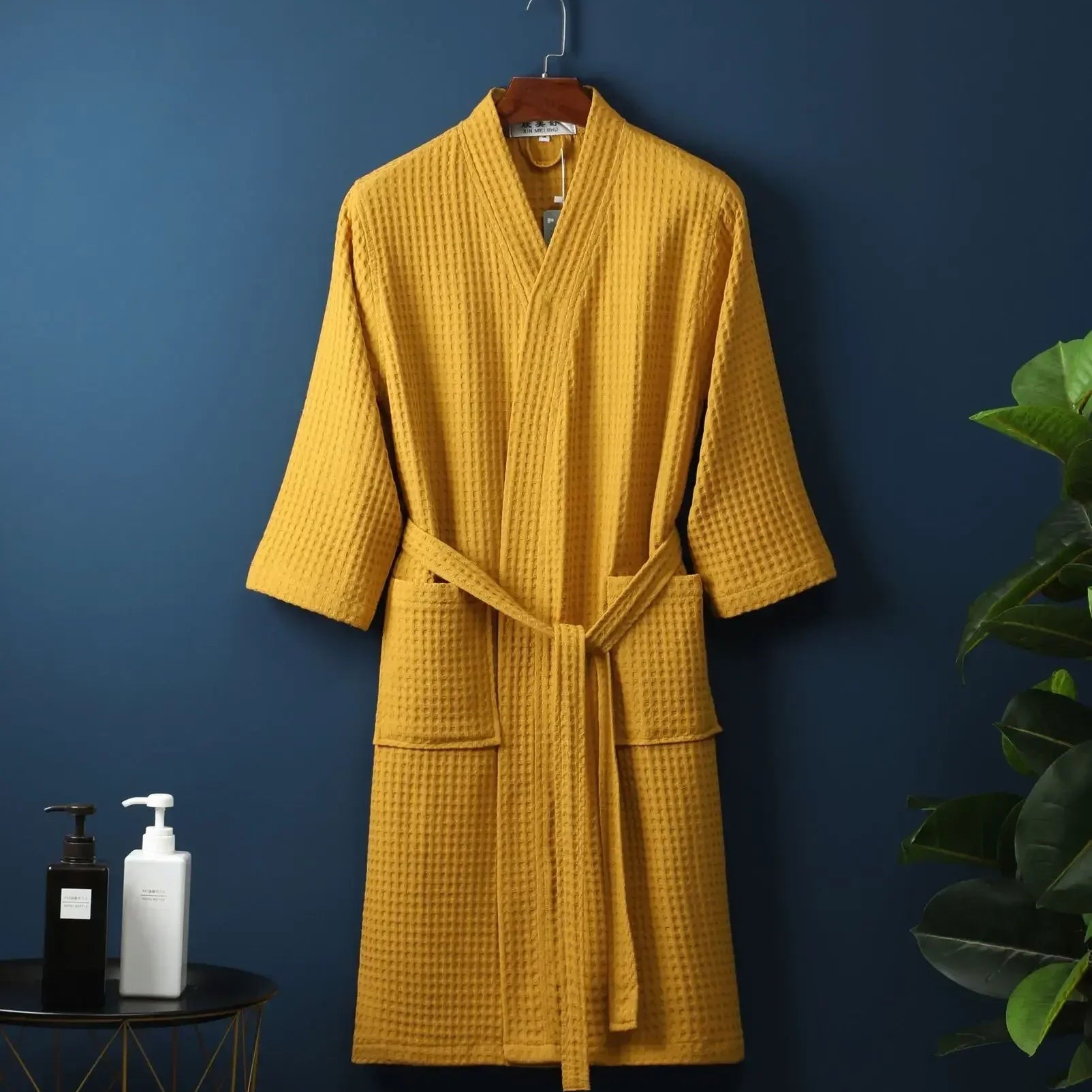 Peignoir femme nid d'abeille jaune moutarde