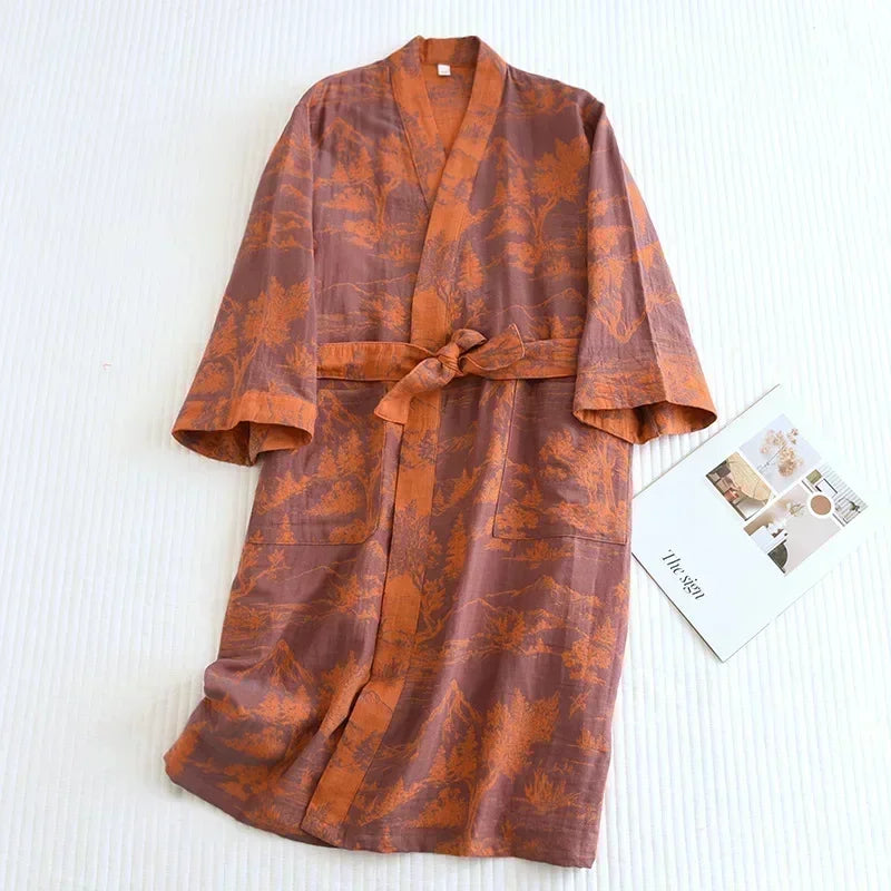 Peignoir femme coton imprimé terracotta