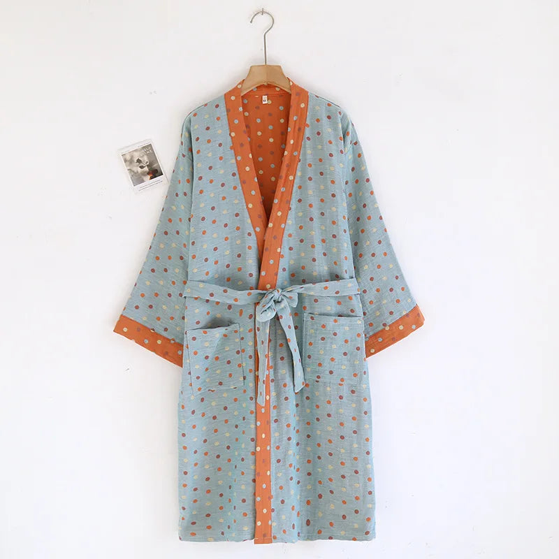 Peignoir femme coton bleu à pois