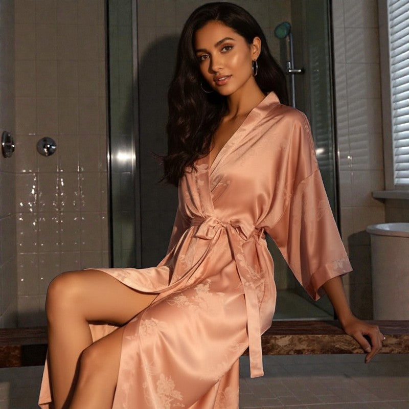 Peignoir femme satin jacquard rose